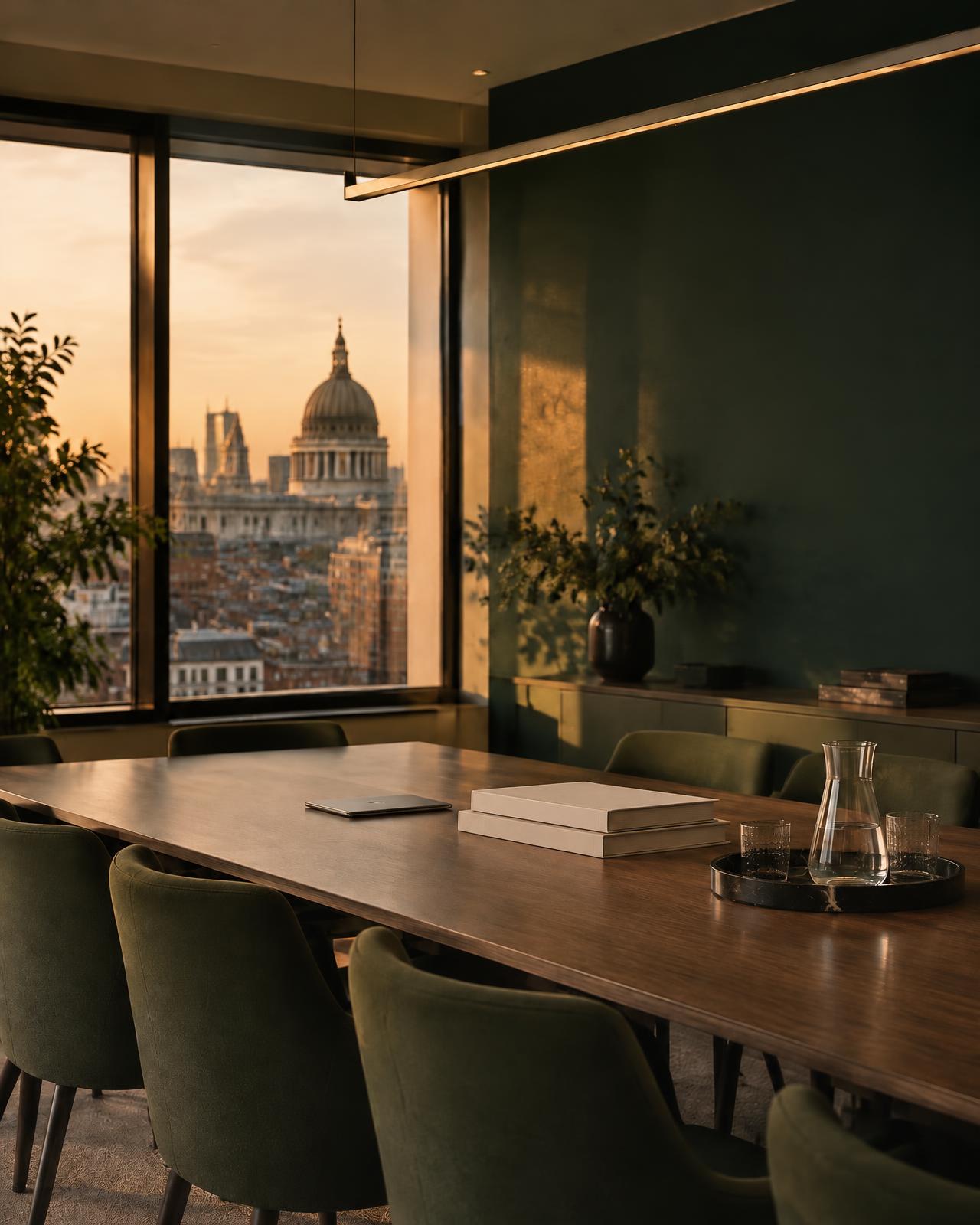 A quiet boardroom overlooking the London skyline at dusk